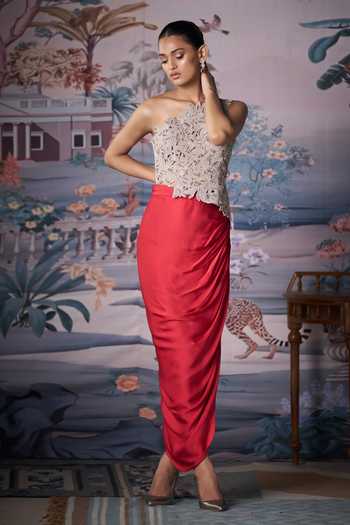 Amrta By Guneet Kondal Silver Silk, Satin One Shoulder Embroidered Bustier With Draped Skirt Online at Aza Fashions Amrta By Guneet Kondal_Silver Silk, Satin One Shoulder Embroidered Bustier With Draped Skirt _Online_at_Aza_Fashions
