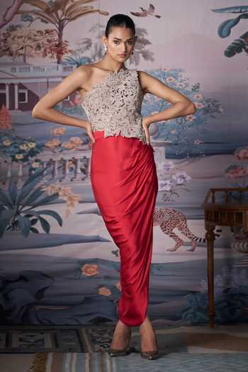 Amrta By Guneet Kondal One Shoulder Embroidered Bustier With Draped Skirt 