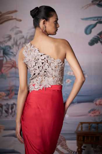 Shop Amrta By Guneet Kondal Silver Silk, Satin One Shoulder Embroidered Bustier With Draped Skirt Online at Aza Fashions Shop_Amrta By Guneet Kondal_Silver Silk, Satin One Shoulder Embroidered Bustier With Draped Skirt _Online_at_Aza_Fashions