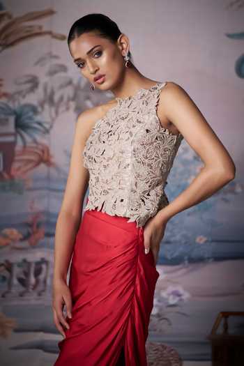Amrta By Guneet Kondal Silver Silk, Satin One Shoulder Embroidered Bustier With Draped Skirt at Aza Fashions Amrta By Guneet Kondal_Silver Silk, Satin One Shoulder Embroidered Bustier With Draped Skirt _at_Aza_Fashions