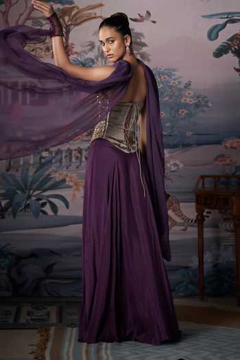 Amrta By Guneet Kondal Plum Mirror Embroidered Corset Lehenga Set 