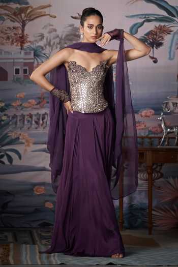 Amrta By Guneet Kondal Plum Mirror Embroidered Corset Lehenga Set 