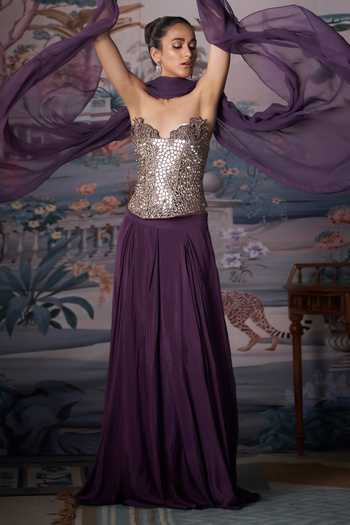 Buy Amrta By Guneet Kondal Gold Silk, Tissue, Chinon Sequins, Mirrors Plum Embroidered Corset Lehenga Set Online at Aza Fashions Buy_Amrta By Guneet Kondal_Gold Silk, Tissue, Chinon Sequins, Mirrors Plum Embroidered Corset Lehenga Set _Online_at_Aza_Fashions