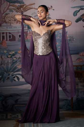 Shop Amrta By Guneet Kondal Gold Silk, Tissue, Chinon Sequins, Mirrors Plum Embroidered Corset Lehenga Set Online at Aza Fashions Shop_Amrta By Guneet Kondal_Gold Silk, Tissue, Chinon Sequins, Mirrors Plum Embroidered Corset Lehenga Set _Online_at_Aza_Fashions