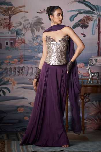 Amrta By Guneet Kondal Gold Silk, Tissue, Chinon Sequins, Mirrors Plum Embroidered Corset Lehenga Set at Aza Fashions Amrta By Guneet Kondal_Gold Silk, Tissue, Chinon Sequins, Mirrors Plum Embroidered Corset Lehenga Set _at_Aza_Fashions