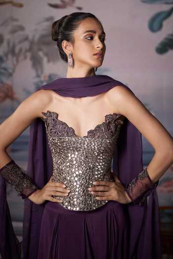 Buy Amrta By Guneet Kondal Gold Silk, Tissue, Chinon Sequins, Mirrors Plum Embroidered Corset Lehenga Set Buy_Amrta By Guneet Kondal_Gold Silk, Tissue, Chinon Sequins, Mirrors Plum Embroidered Corset Lehenga Set