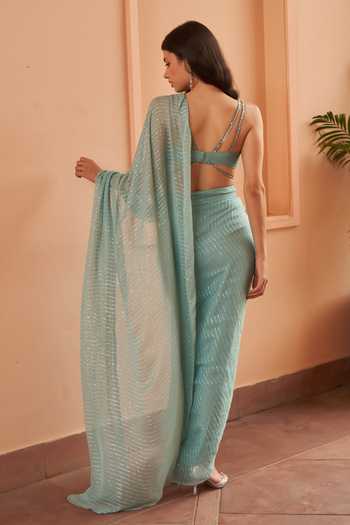 Amrta By Guneet Kondal Bitten By Blues Embroidered Pre-Draped Saree Set 