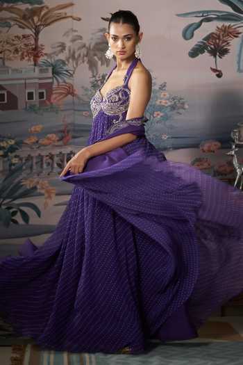 Buy Amrta By Guneet Kondal Purple Silk, Georgette Halter Neck Bandhani Print Anarkali With Dupatta Online at Aza Fashions Buy_Amrta By Guneet Kondal_Purple Silk, Georgette Halter Neck Bandhani Print Anarkali With Dupatta _Online_at_Aza_Fashions