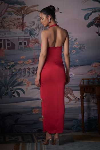 Amrta By Guneet Kondal Crimson Embroidered Halter Neck Dress