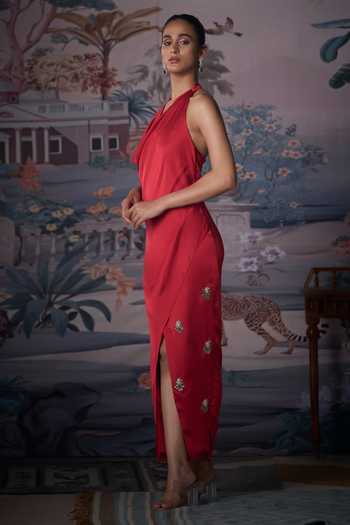 Amrta By Guneet Kondal Red Satin Halter , Cowl Crimson Embroidered Dress Online at Aza Fashions Amrta By Guneet Kondal_Red Satin Halter , Cowl Crimson Embroidered Dress _Online_at_Aza_Fashions