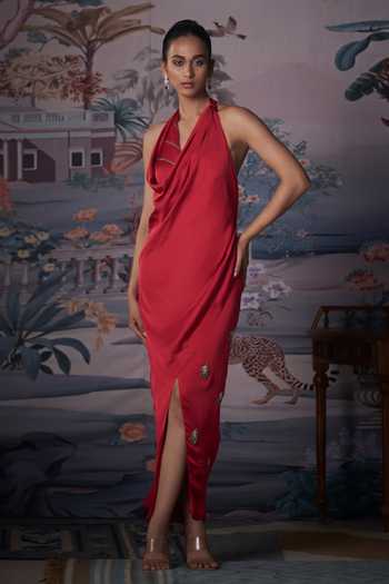 Amrta By Guneet Kondal Crimson Embroidered Halter Neck Dress