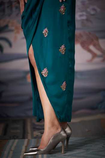 Amrta By Guneet Kondal Green Satin Halter , Cowl Teal Embroidered Dress Online at Aza Fashions Amrta By Guneet Kondal_Green Satin Halter , Cowl Teal Embroidered Dress _Online_at_Aza_Fashions