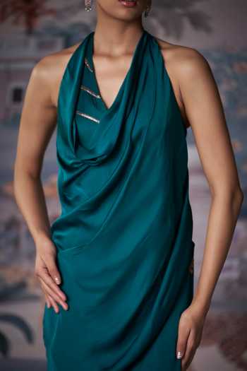 Buy Amrta By Guneet Kondal Green Satin Halter , Cowl Teal Embroidered Dress Online at Aza Fashions Buy_Amrta By Guneet Kondal_Green Satin Halter , Cowl Teal Embroidered Dress _Online_at_Aza_Fashions