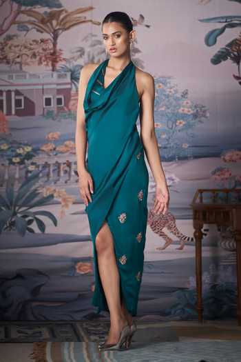 Buy Amrta By Guneet Kondal Green Satin Halter , Cowl Teal Embroidered Dress Buy_Amrta By Guneet Kondal_Green Satin Halter , Cowl Teal Embroidered Dress