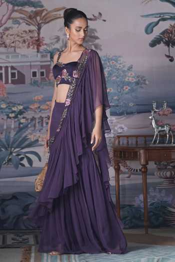 Buy_Amrta By Guneet Kondal_Purple Chiffon, Satin Sweetheart Neck Ruffle Pre-draped Saree With Blouse _Online_at_Aza_Fashions
