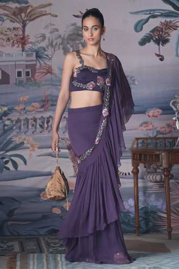 Shop_Amrta By Guneet Kondal_Purple Chiffon, Satin Sweetheart Neck Ruffle Pre-draped Saree With Blouse _Online_at_Aza_Fashions