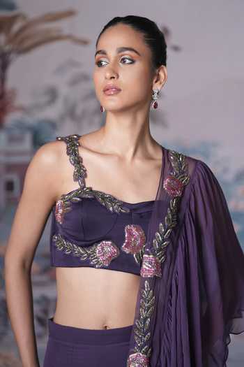 Buy_Amrta By Guneet Kondal_Purple Chiffon, Satin Sweetheart Neck Ruffle Pre-draped Saree With Blouse 