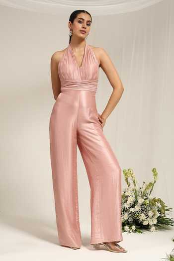 Amrta By Guneet Kondal Pink Silk, Dupion Halter Neck, Bahara Embellished Overlay With Pleated Jumpsuit Online at Aza Fashions Amrta By Guneet Kondal_Pink Silk, Dupion Halter Neck, Bahara Embellished Overlay With Pleated Jumpsuit _Online_at_Aza_Fashions