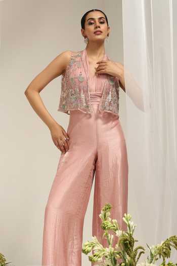 Shop Amrta By Guneet Kondal Pink Silk, Dupion Halter Neck, Bahara Embellished Overlay With Pleated Jumpsuit Online at Aza Fashions Shop_Amrta By Guneet Kondal_Pink Silk, Dupion Halter Neck, Bahara Embellished Overlay With Pleated Jumpsuit _Online_at_Aza_Fashions