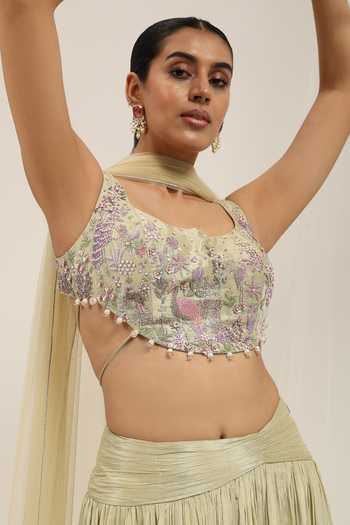Shop Amrta By Guneet Kondal Green Silk, Viscose, Tulle, Chinon, Dupion Noor-e-bahar Embroidered Lehenga Set Online at Aza Fashions Shop_Amrta By Guneet Kondal_Green Silk, Viscose, Tulle, Chinon, Dupion Noor-e-bahar Embroidered Lehenga Set _Online_at_Aza_Fashions