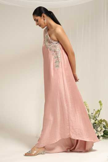 Amrta By Guneet Kondal Pink Silk, Dupion One Shoulder Iktara Embellished Kaftan Online at Aza Fashions Amrta By Guneet Kondal_Pink Silk, Dupion One Shoulder Iktara Embellished Kaftan _Online_at_Aza_Fashions