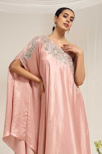 Shop Amrta By Guneet Kondal Pink Silk, Dupion One Shoulder Iktara Embellished Kaftan Online at Aza Fashions Shop_Amrta By Guneet Kondal_Pink Silk, Dupion One Shoulder Iktara Embellished Kaftan _Online_at_Aza_Fashions