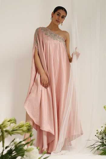 Amrta By Guneet Kondal Pink Silk, Dupion One Shoulder Iktara Embellished Kaftan at Aza Fashions Amrta By Guneet Kondal_Pink Silk, Dupion One Shoulder Iktara Embellished Kaftan _at_Aza_Fashions
