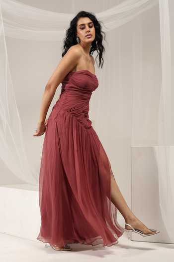 Amrta By Guneet Kondal Wine Chiffon Bandeau Neck Rustic Rose Ruched Slit Gown Online at Aza Fashions Amrta By Guneet Kondal_Wine Chiffon Bandeau Neck Rustic Rose Ruched Slit Gown _Online_at_Aza_Fashions