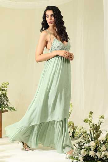 Amrta By Guneet Kondal Green Chinon Embroidery, Stones, Tassels Mint Mirage Embellished Layered Gown Online at Aza Fashions Amrta By Guneet Kondal_Green Chinon Embroidery, Stones, Tassels Mint Mirage Embellished Layered Gown _Online_at_Aza_Fashions
