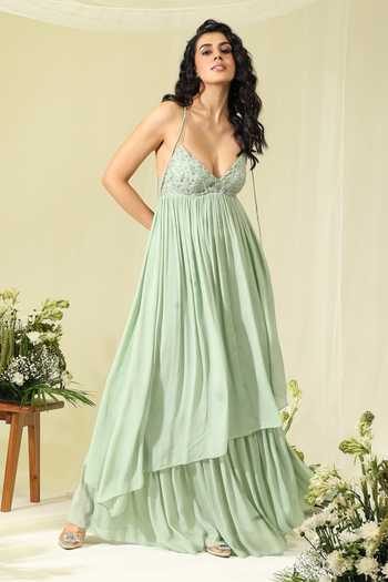Amrta By Guneet Kondal Mint Mirage Embellished Layered Gown 