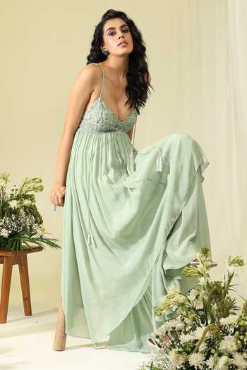 Shop Amrta By Guneet Kondal Green Chinon Embroidery, Stones, Tassels Mint Mirage Embellished Layered Gown Online at Aza Fashions Shop_Amrta By Guneet Kondal_Green Chinon Embroidery, Stones, Tassels Mint Mirage Embellished Layered Gown _Online_at_Aza_Fashions