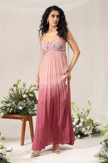 Amrta By Guneet Kondal Rose Water Fade Ombre Embroidered Gown 