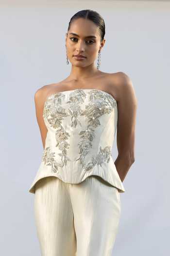 Amrta By Guneet Kondal Ivory Embroidery, Sequins, Beads, Zari Bandeau Evening In Corset And Pant Set Online at Aza Fashions Amrta By Guneet Kondal_Ivory Embroidery, Sequins, Beads, Zari Bandeau Evening In Corset And Pant Set _Online_at_Aza_Fashions