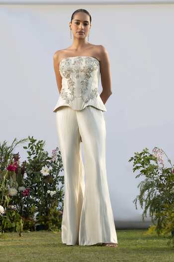 Amrta By Guneet Kondal Ivory Embroidery, Sequins, Beads, Zari Bandeau Evening In Corset And Pant Set at Aza Fashions Amrta By Guneet Kondal_Ivory Embroidery, Sequins, Beads, Zari Bandeau Evening In Corset And Pant Set _at_Aza_Fashions