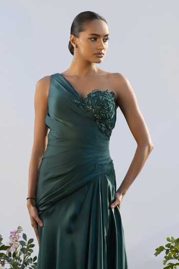 Amrta By Guneet Kondal_Green Satin Embroidery Asymmetric Neck Echoes Of Teal Embellished Draped Gown _Online_at_Aza_Fashions