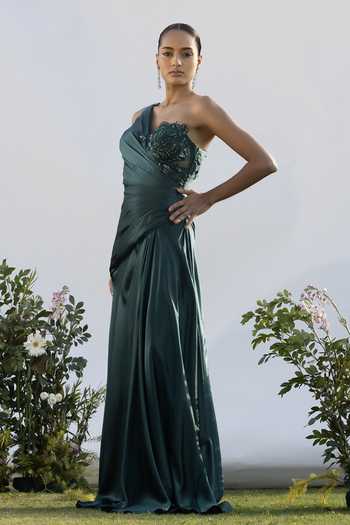 Buy_Amrta By Guneet Kondal_Green Satin Embroidery Asymmetric Neck Echoes Of Teal Embellished Draped Gown _Online_at_Aza_Fashions