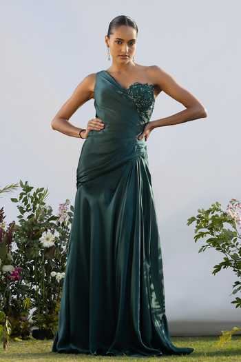 Amrta By Guneet Kondal Echoes Of Teal Embellished Draped Gown