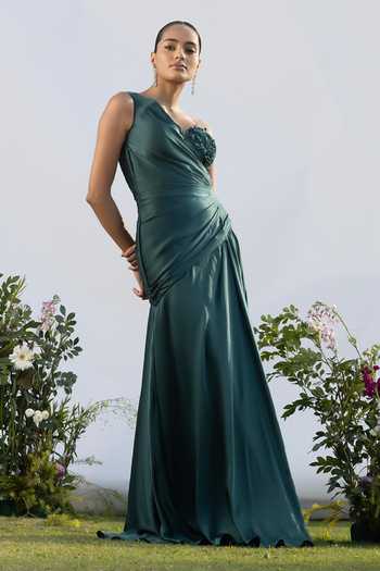 Amrta By Guneet Kondal_Green Satin Embroidery Asymmetric Neck Echoes Of Teal Embellished Draped Gown _at_Aza_Fashions