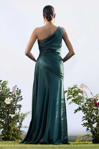 Amrta By Guneet Kondal Echoes Of Teal Embellished Draped Gown