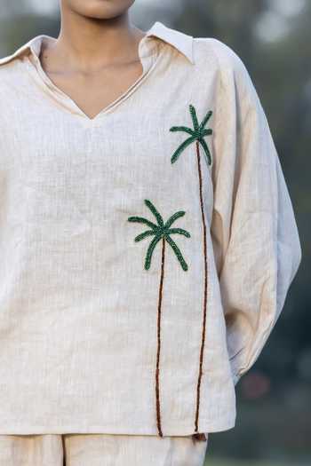 Buy Amrta By Guneet Kondal Beige Linen, Viscose, Shantoon Desert Palm Embroidered Top And Trouser Set Online at Aza Fashions Buy_Amrta By Guneet Kondal_Beige Linen, Viscose, Shantoon Desert Palm Embroidered Top And Trouser Set _Online_at_Aza_Fashions