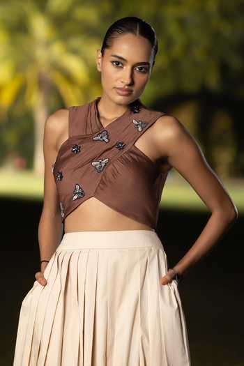 Amrta By Guneet Kondal Brown Chanderi, Poplin Halter Neck Queen Of Wild Fields Draped Top And Skirt Set Online at Aza Fashions Amrta By Guneet Kondal_Brown Chanderi, Poplin Halter Neck Queen Of Wild Fields Draped Top And Skirt Set _Online_at_Aza_Fashions