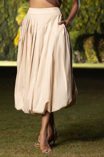 Buy Amrta By Guneet Kondal Brown Chanderi, Poplin Halter Neck Queen Of Wild Fields Draped Top And Skirt Set Online at Aza Fashions Buy_Amrta By Guneet Kondal_Brown Chanderi, Poplin Halter Neck Queen Of Wild Fields Draped Top And Skirt Set _Online_at_Aza_Fashions