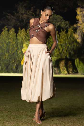 Shop Amrta By Guneet Kondal Brown Chanderi, Poplin Halter Neck Queen Of Wild Fields Draped Top And Skirt Set Online at Aza Fashions Shop_Amrta By Guneet Kondal_Brown Chanderi, Poplin Halter Neck Queen Of Wild Fields Draped Top And Skirt Set _Online_at_Aza_Fashions