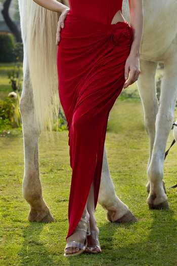 Amrta By Guneet Kondal Red Mesh Scoop Neck Obsession Draped Bodysuit And Skirt Set at Aza Fashions Amrta By Guneet Kondal_Red Mesh Scoop Neck Obsession Draped Bodysuit And Skirt Set _at_Aza_Fashions