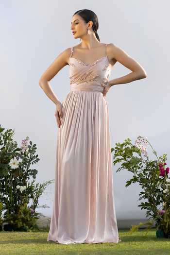 Shop Amrta By Guneet Kondal Pink Satin Pearls Sweetheart Neck Drop Embellished Gown Online at Aza Fashions Shop_Amrta By Guneet Kondal_Pink Satin Pearls Sweetheart Neck Drop Embellished Gown _Online_at_Aza_Fashions