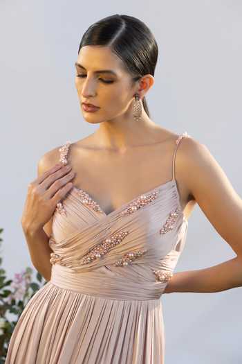Amrta By Guneet Kondal Pink Satin Pearls Sweetheart Neck Drop Embellished Gown at Aza Fashions Amrta By Guneet Kondal_Pink Satin Pearls Sweetheart Neck Drop Embellished Gown _at_Aza_Fashions