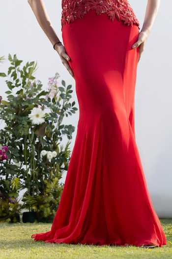 Amrta By Guneet Kondal_Red Silk, Georgette Asymmetric Rouge Muse Embroidered Cutwork Top With Skirt _Online_at_Aza_Fashions