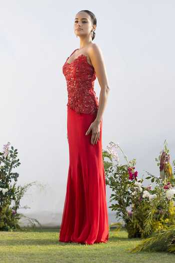 Buy_Amrta By Guneet Kondal_Red Silk, Georgette Asymmetric Rouge Muse Embroidered Cutwork Top With Skirt _Online_at_Aza_Fashions