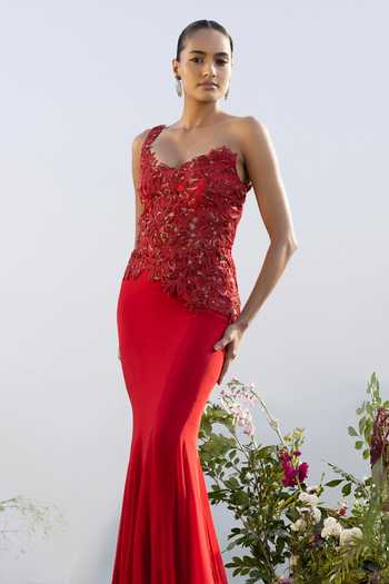 Shop_Amrta By Guneet Kondal_Red Silk, Georgette Asymmetric Rouge Muse Embroidered Cutwork Top With Skirt _Online_at_Aza_Fashions