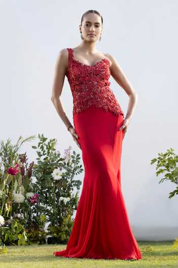Amrta By Guneet Kondal_Red Silk, Georgette Asymmetric Rouge Muse Embroidered Cutwork Top With Skirt _at_Aza_Fashions